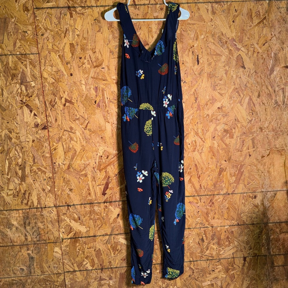 LOFT sz 4 Jumpsuit Floral Hummingbird Print Navy Blue Ruffle Neckline 100% Rayon